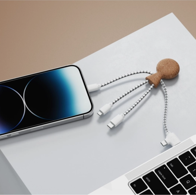 Xoopar - Mr Bio Cork Charger cable that goes with you everywhere. Multi-cables Input: USB-C and USB Output: Lightning, USB-C great to use with a Laptop