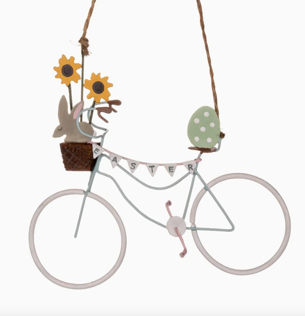 Easter Bunting Bike Beautiful, delicate hanging ornament with a cute bunny taking a ride in a bicycle basket with cheerful sunflowers.