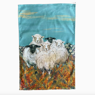 Sheep Tea Towel 100% cotton tea towel (natural colour) with a hanging loop. Made in the UK Lovely vibrant prints, featuring different animals, Hare,  Peacock, Pheasant,  Kingfisher, Sheep