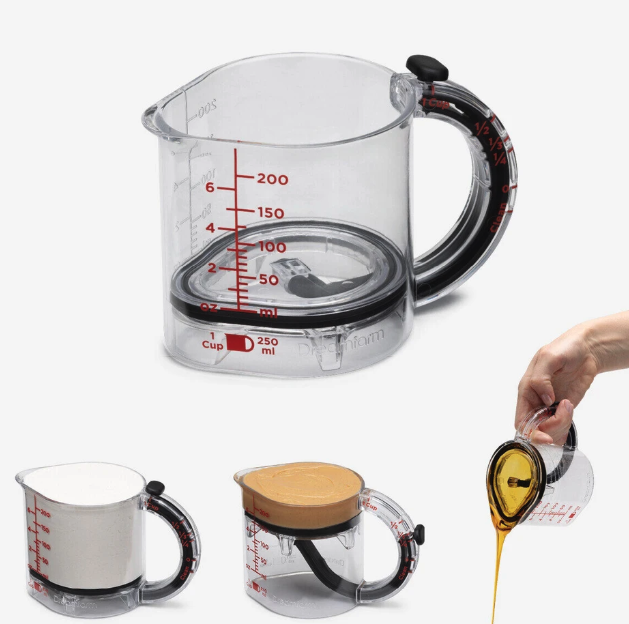 Dreamfarm Upcup is an adjustable measuring cup that scrapes itself clean for wet, dry, and sticky ingredients.