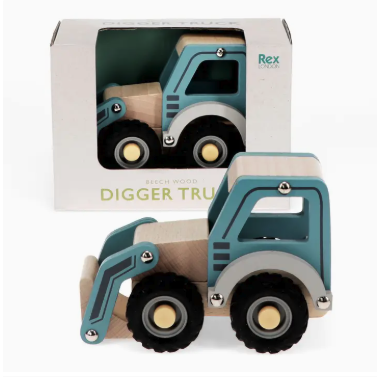 Wooden push-along digger truck toy for children in blue. All while developing their grasp, fine motor skills and hand-eye coordination.